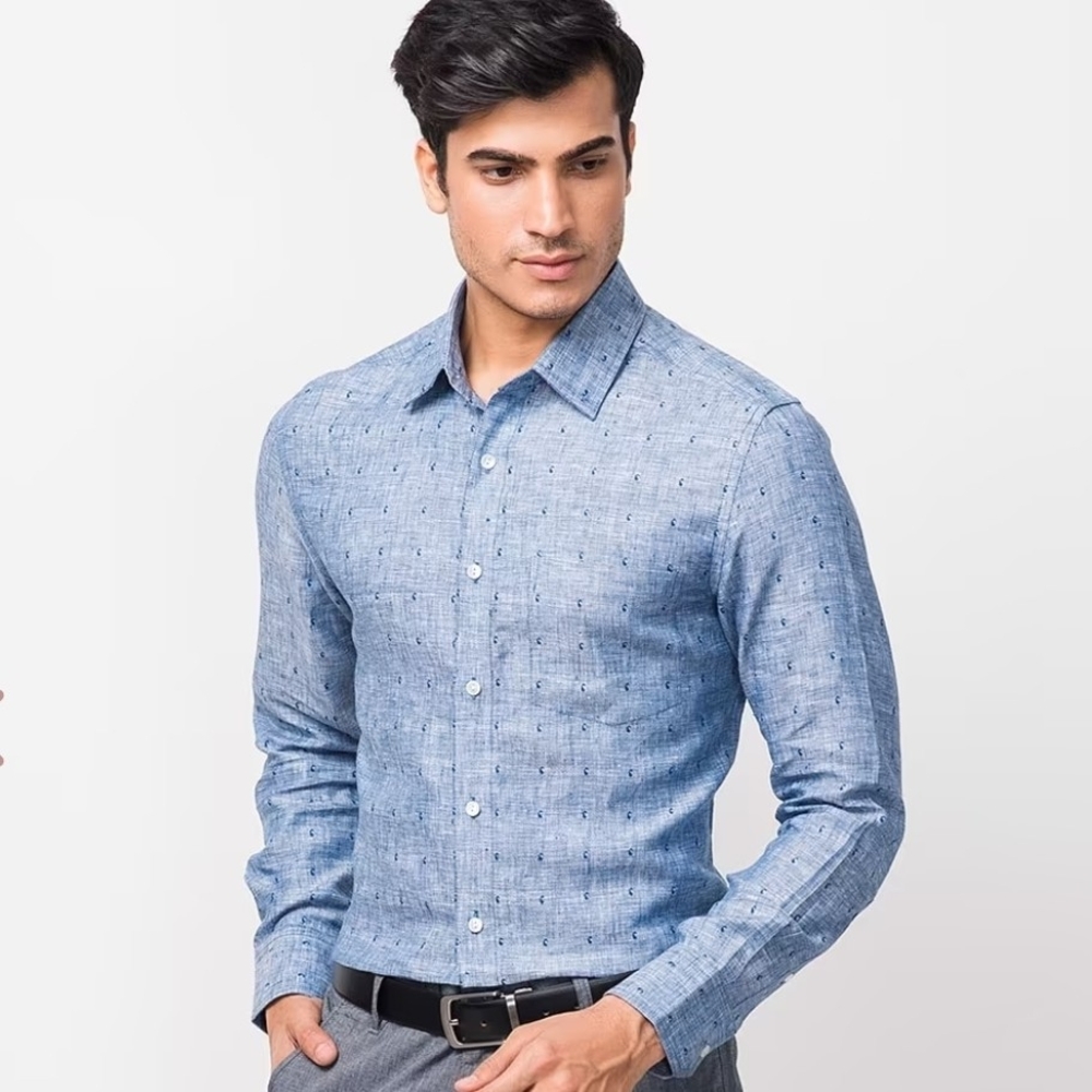 Mens 100% Linen Blue Dobby Slim Fit Button Down Shirt By Fabindia Size 42 / L